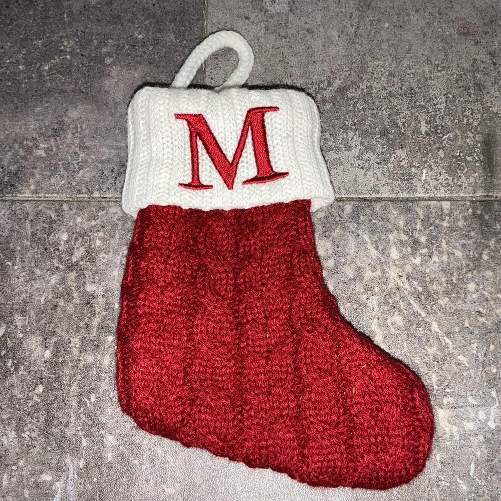 St. Nicholas Square Stocking Initial M Christmas 8" Red Cable Knit Monogram Mini